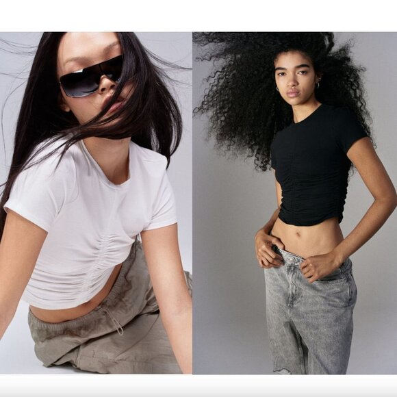 H&M DIVIDED Gathered Jersey Top, Black & White 2 pc Ruched Tee Bundle, XXS NWT - Picture 1 of 6